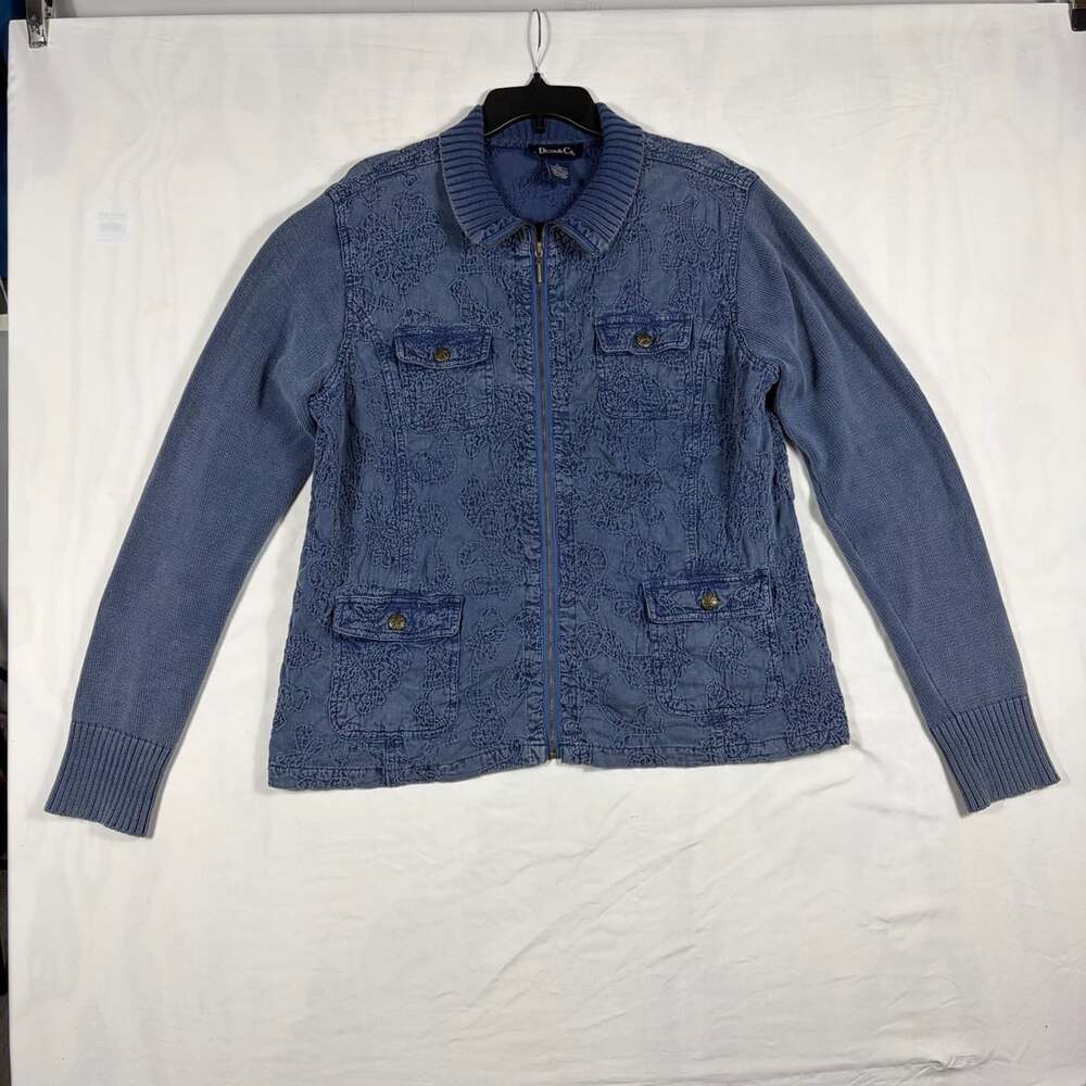 Denim & Co. Jacket Size L Blue Embroidered Floral Cotton